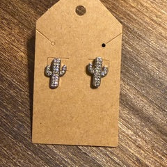 Silver Rhinestone Cactus Stud Earrings