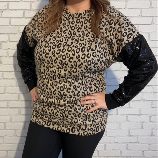 Leopard Sweater with Black Sequin Sleeves