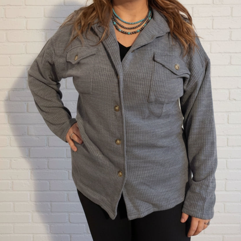 Grey Button-Up Shacket Top