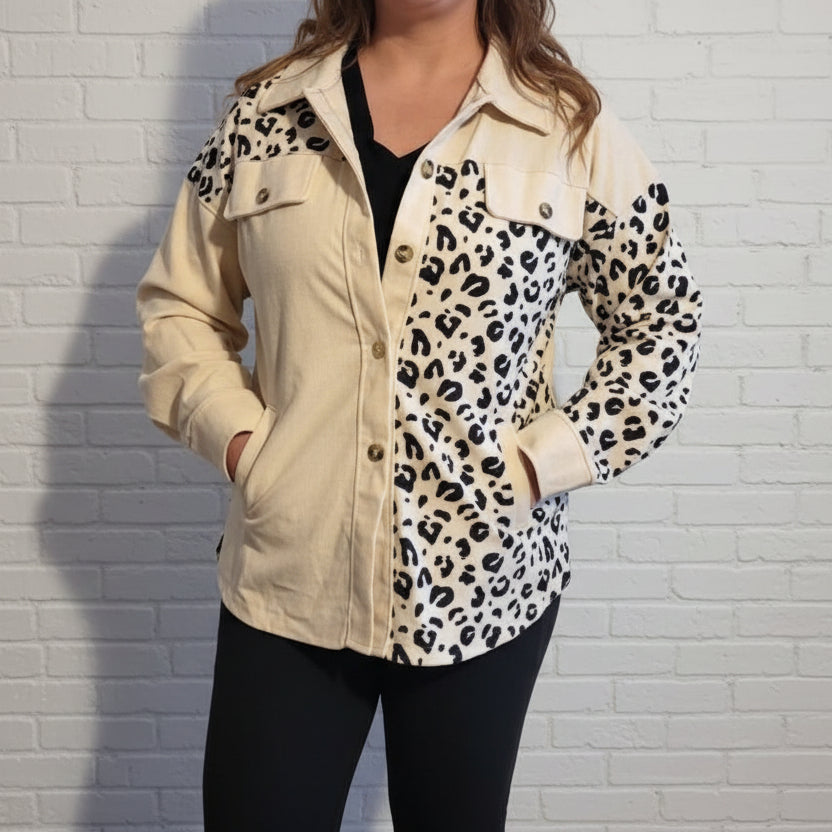 Leopard Color Block Corduroy Button Up