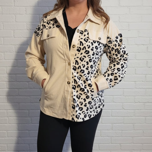 Leopard Color Block Corduroy Button Up