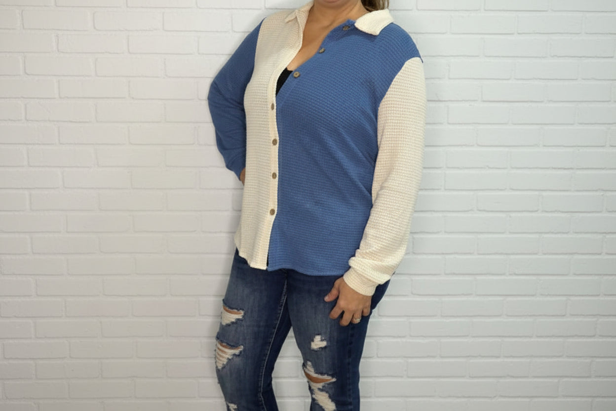 Colorblock Waffle Top with Pockets