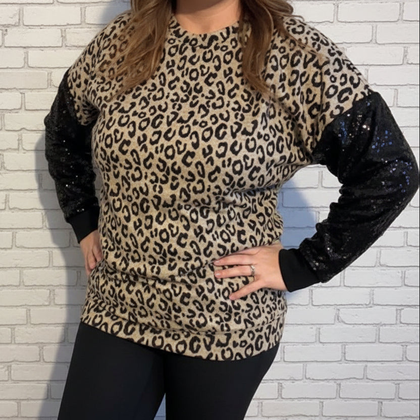 Leopard Sweater with Black Sequin Sleeves