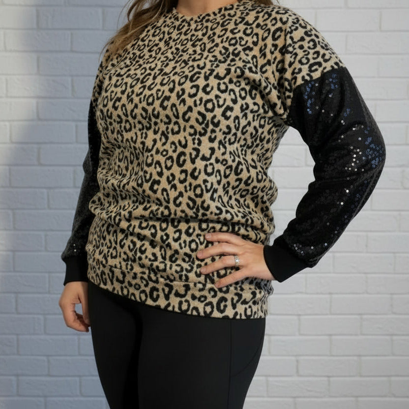 Leopard Sweater with Black Sequin Sleeves