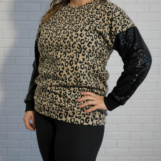 Leopard Sweater with Black Sequin Sleeves